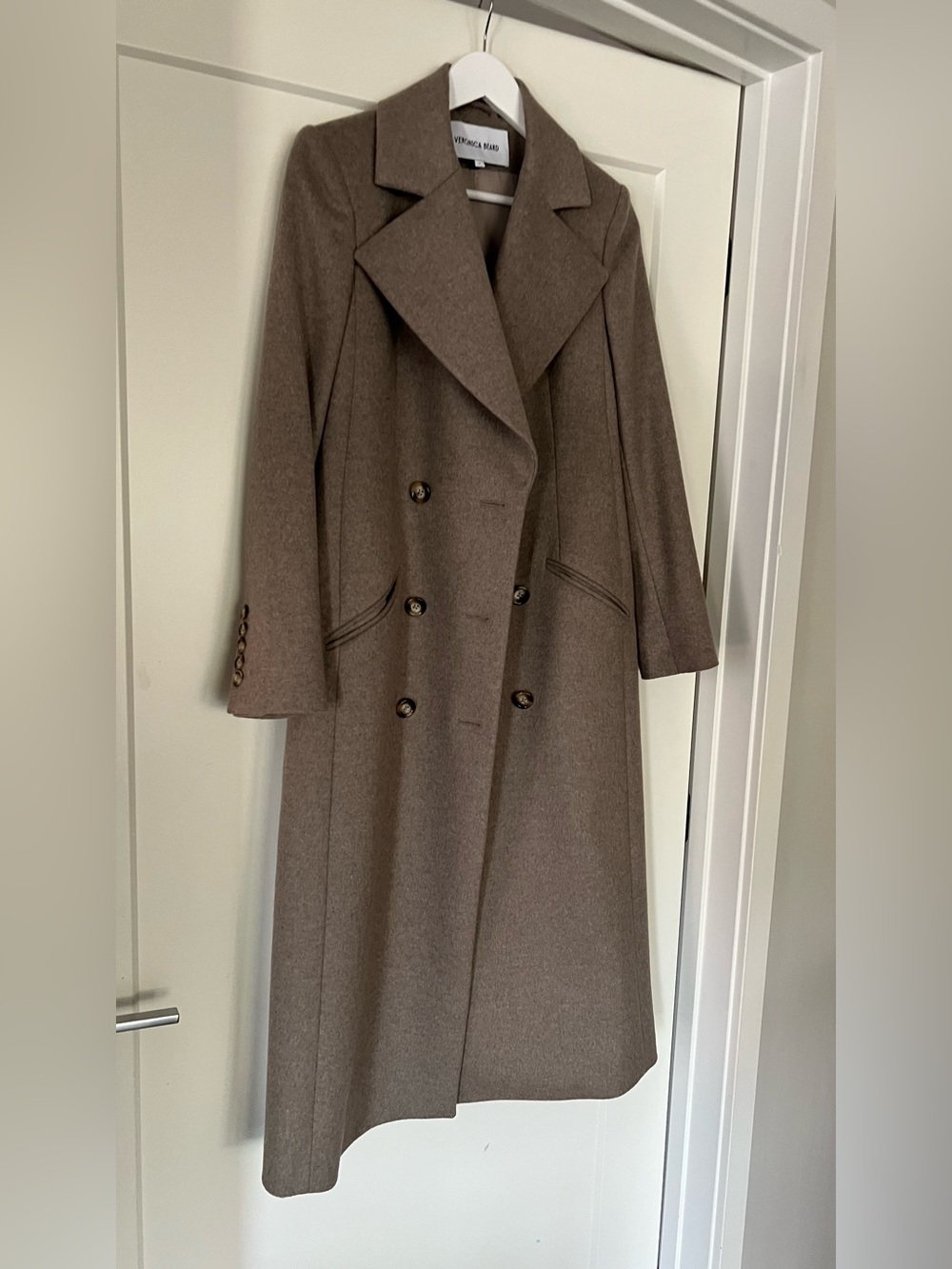 Veronica Beard Double-Breasted Long Trench Coat in Taupe Brown - Picture 3 of 15